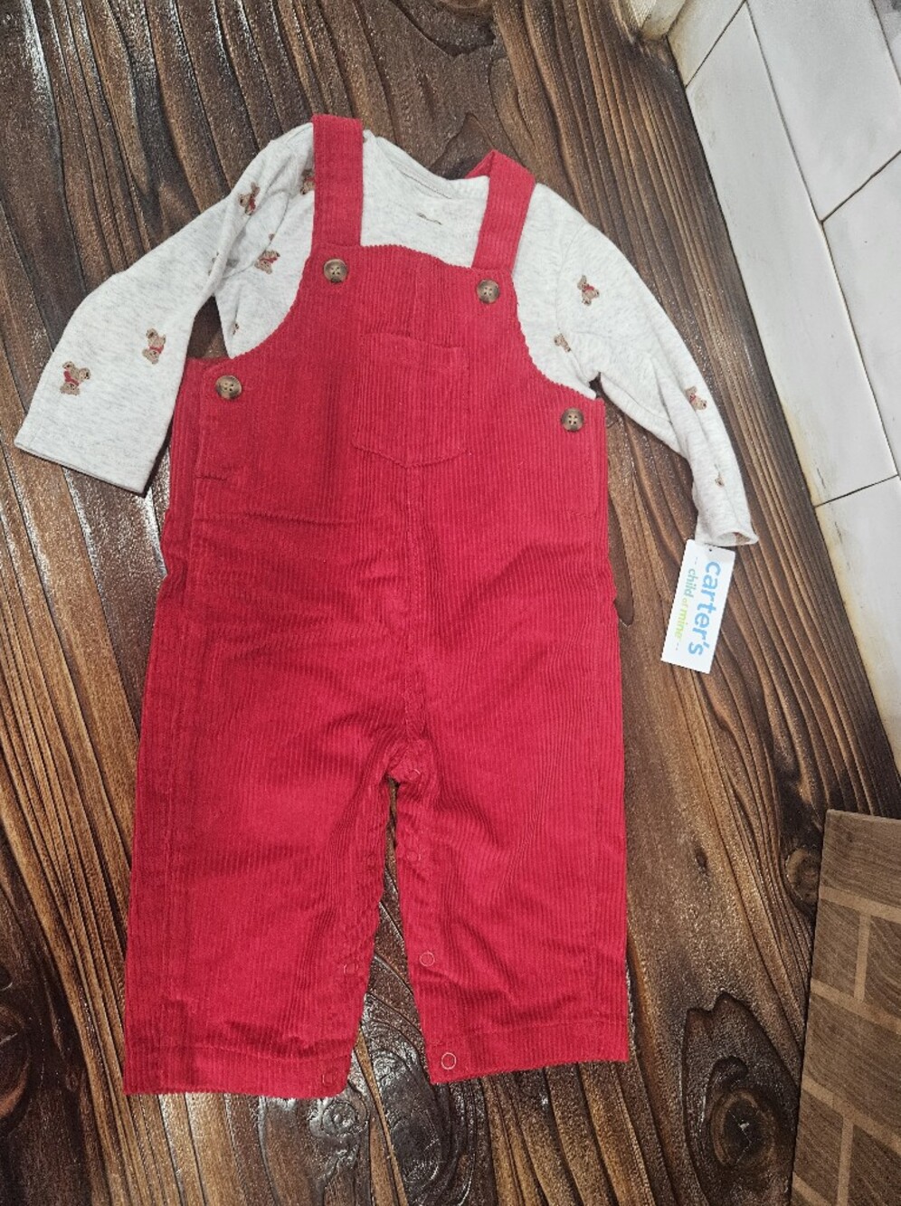 NWT Infant 3-6 Months Red Cord Overalls With Long Sleeve Teddy Bear Shirt